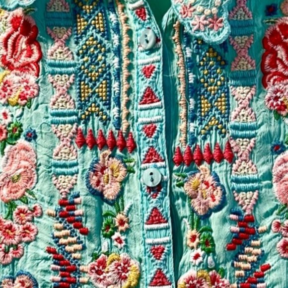 Gorgeous Johnny Was Floral Embroidered Blouse ~ Tiffany Blue ~ Boho Chic - Picture 10 of 14